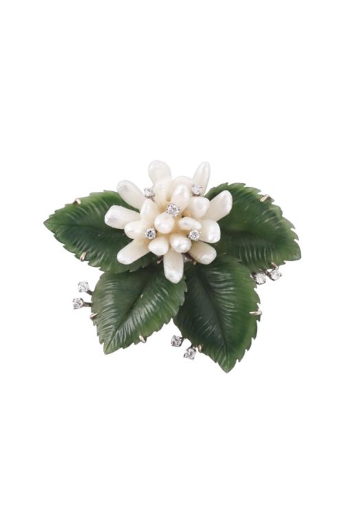 14k Gold Nephrite and Diamond Brooch