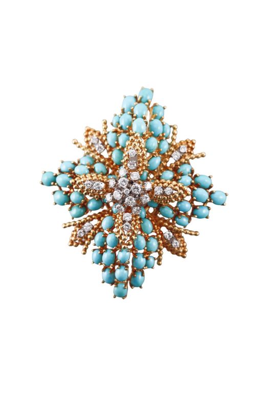 18k Gold Turquoise and Diamond Brooch