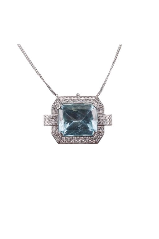 Platinum Aquamarine and Diamond Pendant Necklace