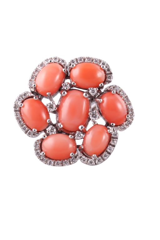 18k Gold Coral and Diamond Ring