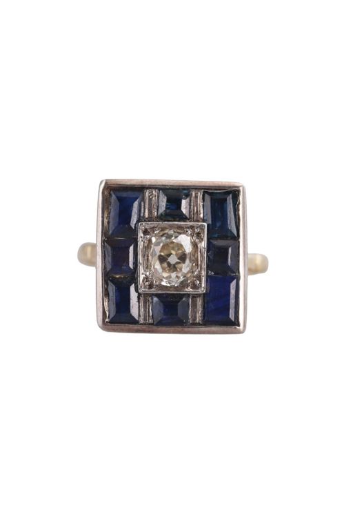 18k Gold Silver Diamond and Sapphire Ring