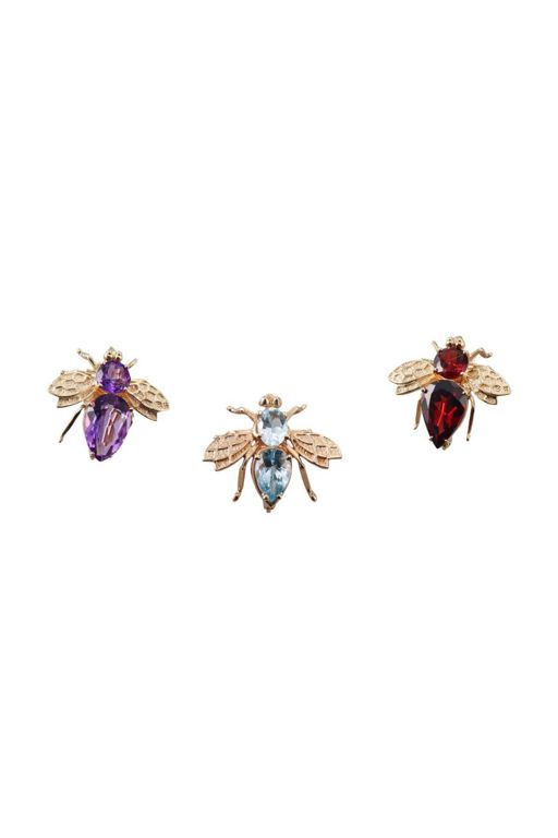 Three 14k Gold Multi-Gem Bee Brooches