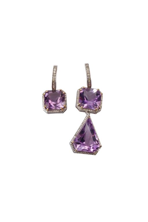 14k Gold Silver Amethyst and Diamond Earrings