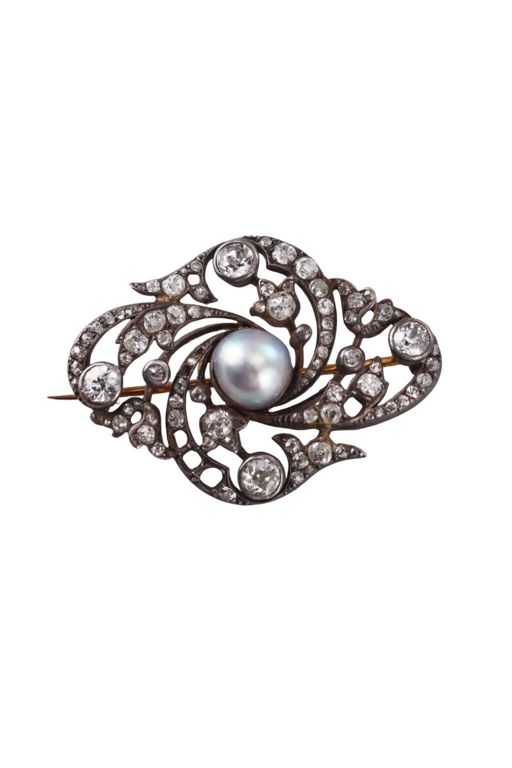 Gold and Silver Diamond Pearl Brooch