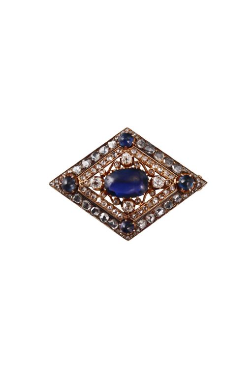 18k Gold Diamond and Sapphire Brooch