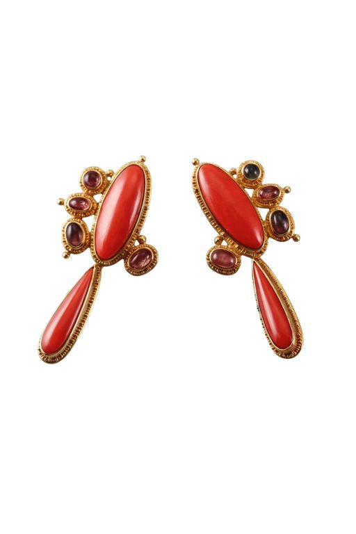 Pair of Gold Tourmaline and Coral Earrings