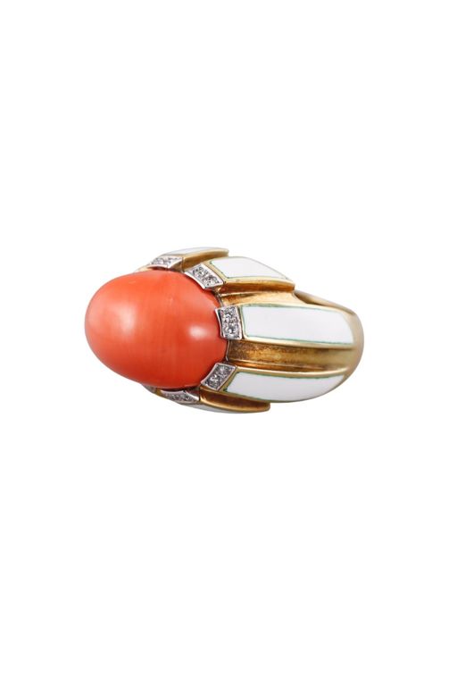 18k Gold Coral and Diamond Ring