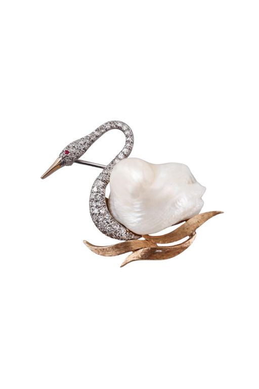 Gold Pearl and Diamond Brooch