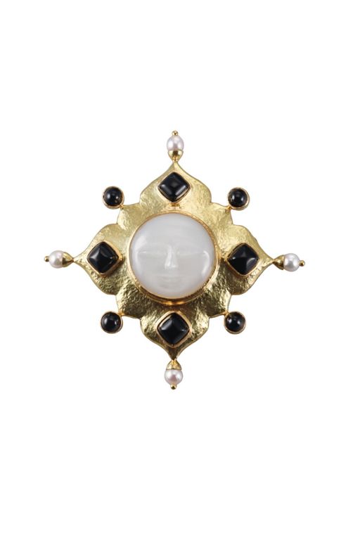 18k Gold Moonstone and Onyx Brooch