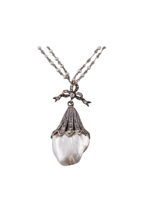 Silver Diamond and Pearl Pendant Necklace
