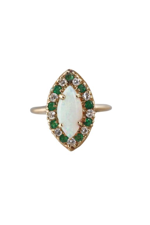 14k Gold Opal Emerald and Diamond Ring