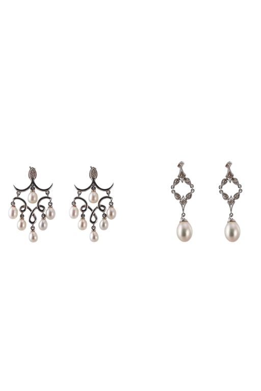 Two Pair 14k Gold Diamond and Pearl Earrings