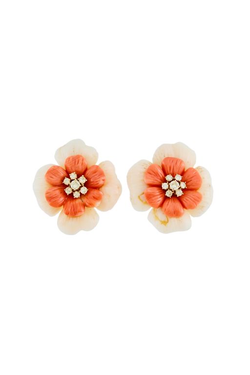 Pair of 18k Gold Coral and Diamond Earrings