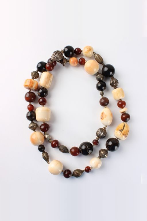 Silver Onyx, Amber and Agate Bead Necklace
