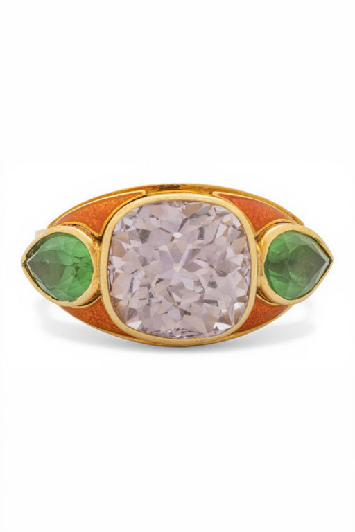 18k Gold Sapphire, Emerald and Enamel Ring
