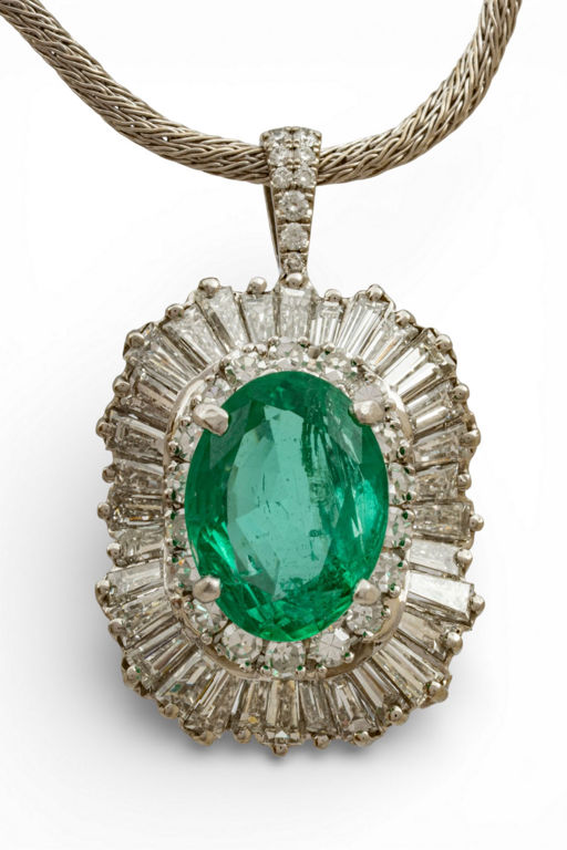 Platinum Emerald and Diamond Pendant Necklace