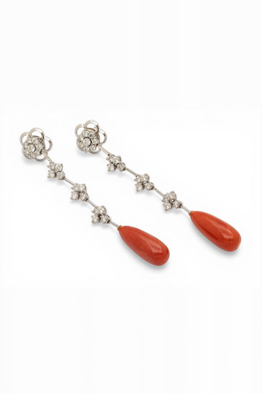 Pair of 18k Gold Coral and Diamond Earrings