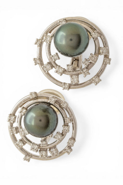 Pair of 18k Gold Pearl and Diamond Earrings