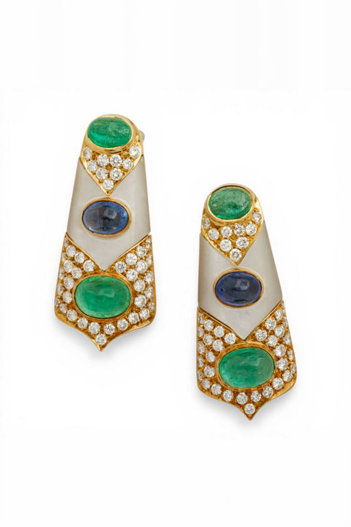 Pair of 18k Gold Multi-Gem and Diamond Earrings