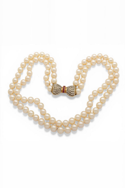 14k Gold Pearl, Diamond and Ruby Necklace