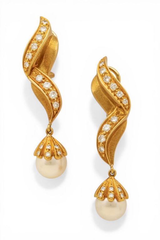 18k Gold Pearl and Diamond Earrings