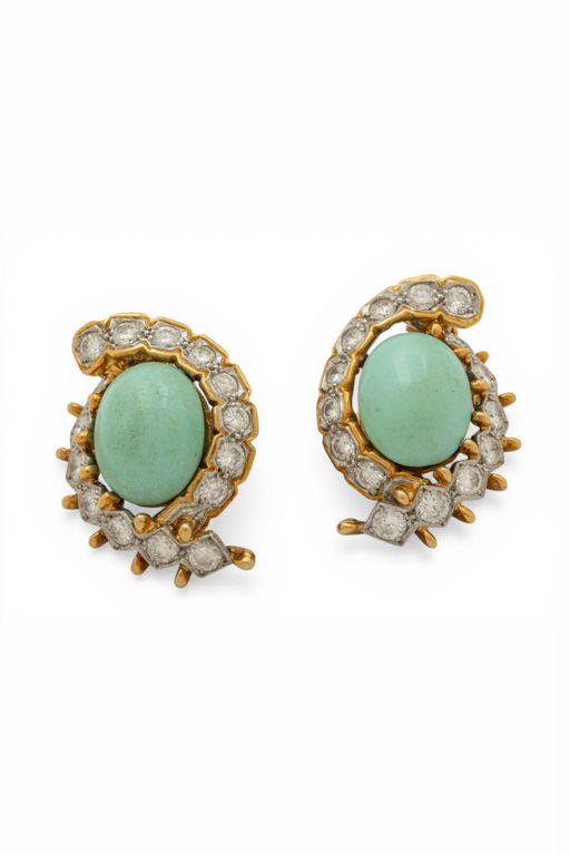 Pair of 18k Gold Turquoise and Diamond Earrings