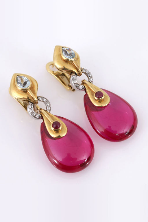 Pair of 18k Gold Multi-Gem Earrings
