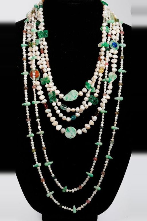 Four Pearl, Jade and Tourmaline Necklaces