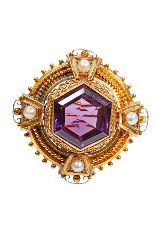10k Gold Amethyst Pearl Brooch