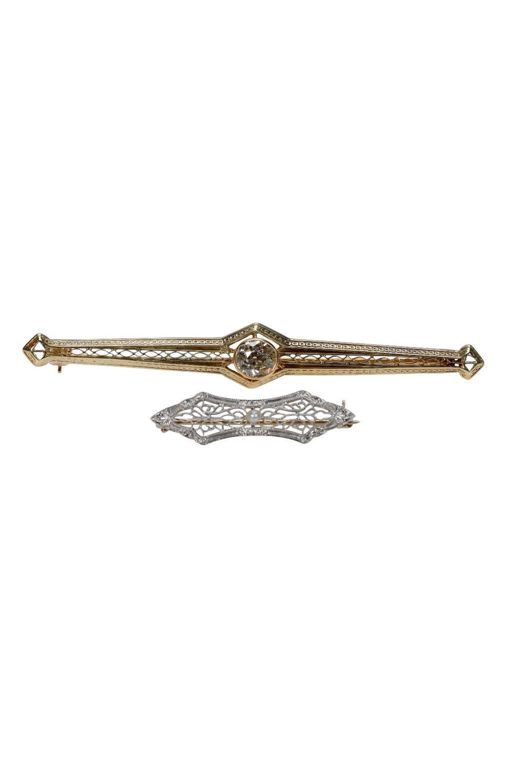 Two 14k Gold Diamond Pearl Brooches
