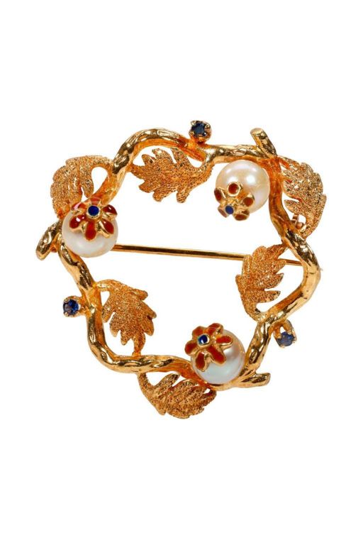 14k Gold Pearl and Sapphire Enamel Brooch