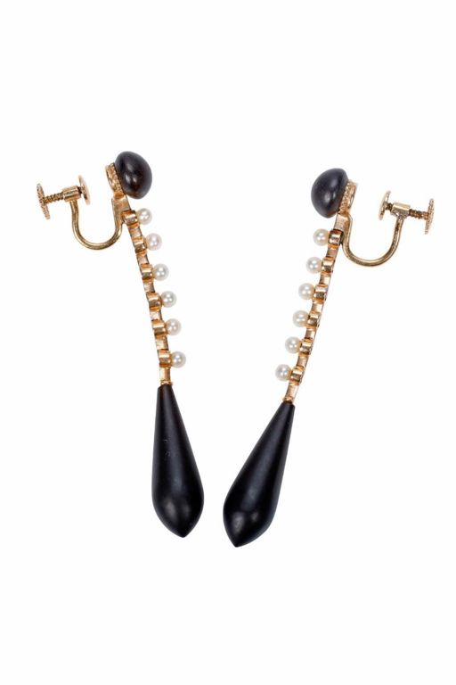 Pair of 14k Gold Pearl Jet Earrings