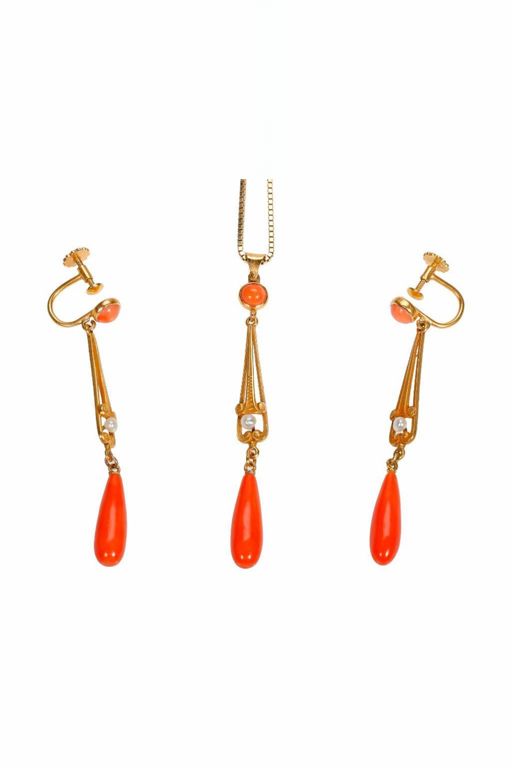 14k Gold Coral and Pearl Jewelry Set