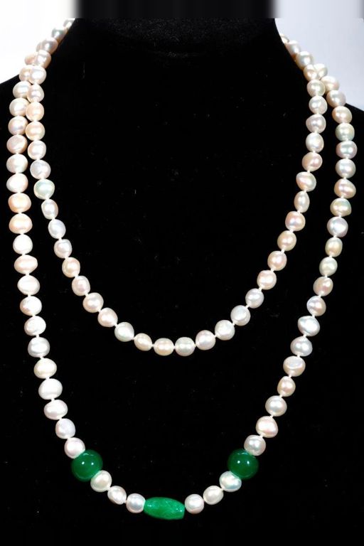 Two 14k Gold Pearl and Jade Necklaces