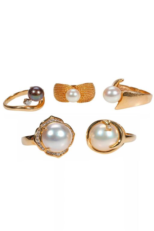 Five 14k Gold Pearl and Diamond Rings