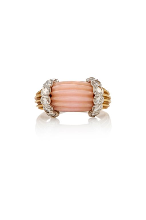 14k Gold Coral and Diamond Ring