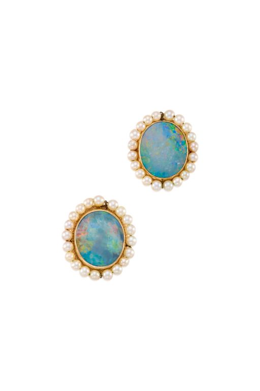 Pair of 14k Gold Opal and Pearl Earrings