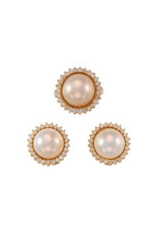 14k Gold Pearl and Diamond Jewelry Set