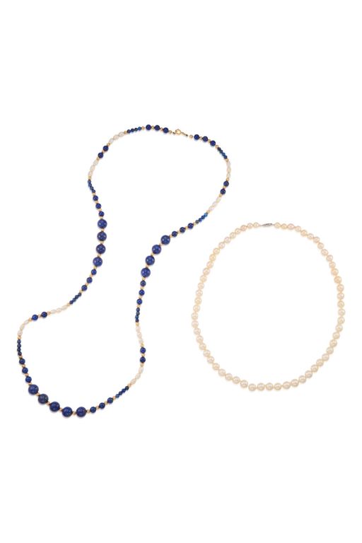 Two Gold Pearl and Lapis Lazuli Necklaces