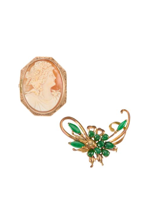Two Gold Jade and Cameo Brooches