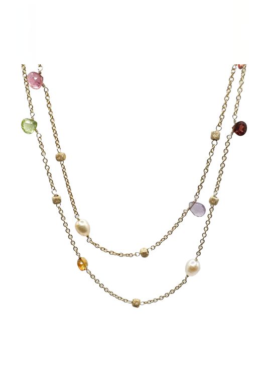 14k Gold Multi-Gem and Pearl Necklace