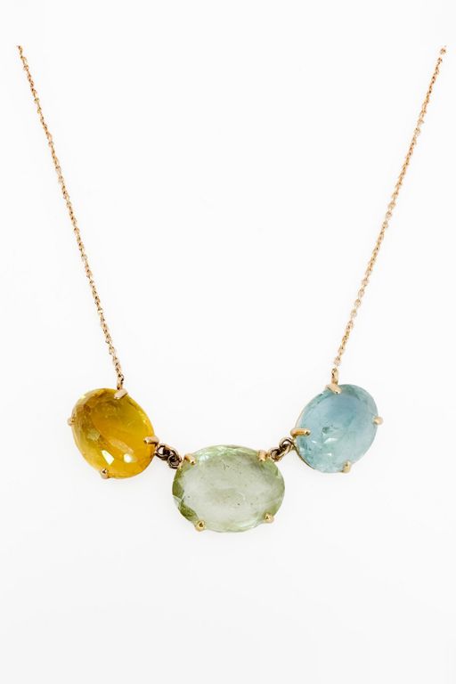 14k Gold Citrine, Aquamarine and Quartz Necklace