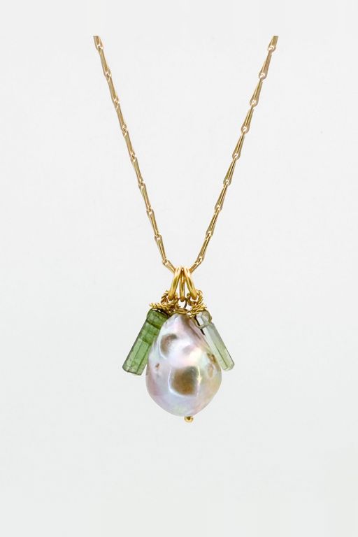 14k Gold Pearl and Tourmaline Pendant Necklace