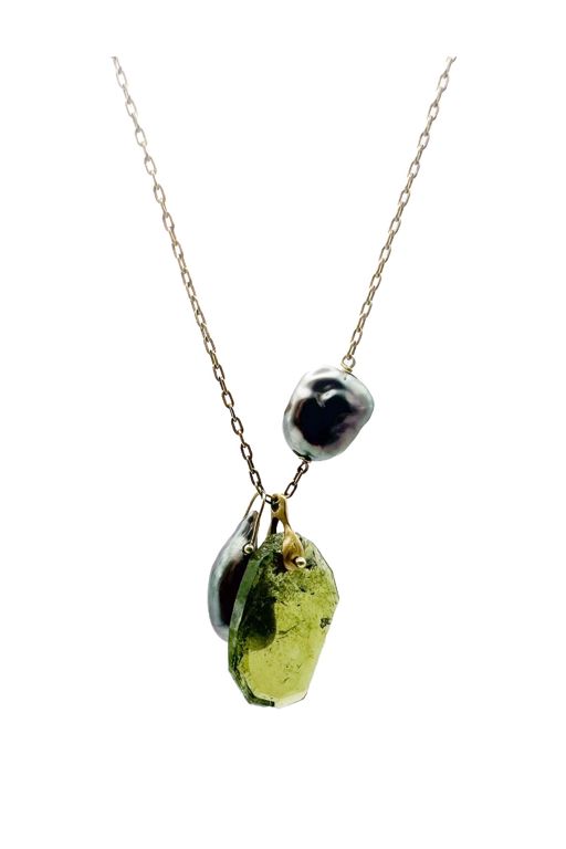 18k Gold Tourmaline and Pearl Necklace