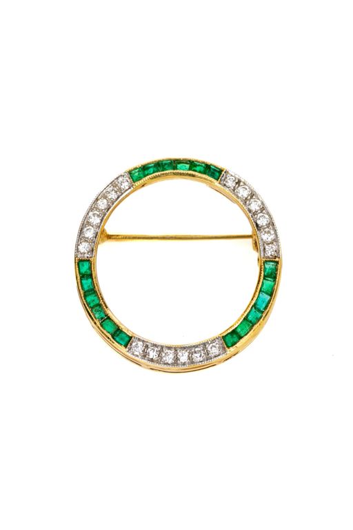 18k Gold Diamond and Emerald Brooch