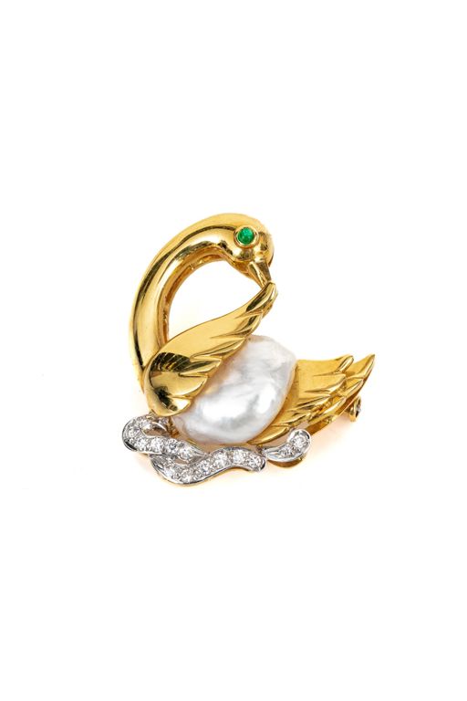18k Gold Pearl and Diamond Brooch