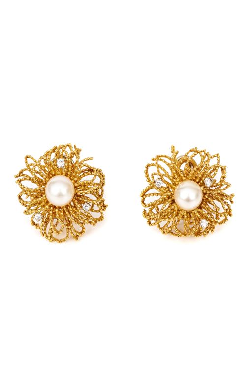 Pair of 18k Gold Pearl and Diamond Earrings