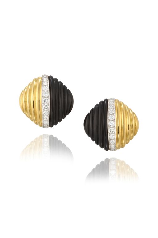 Pair of 18k Gold Onyx and Diamond Earrings