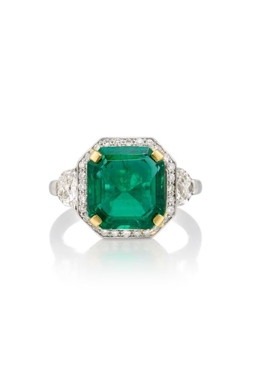 Platinum, 18k Gold Emerald and Diamond Ring