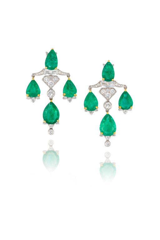 Pair of 18k Gold Emerald and Diamond Earrings